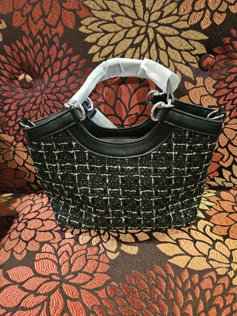 Black Tweed Tote with Gold Logo Charm 1 Left - Picture 2 of 3